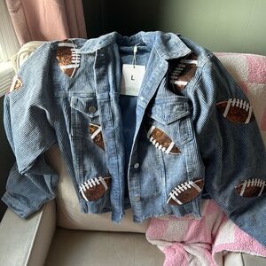 Women’s large football sequin corduroy jacket. Light blue. Cropped front.